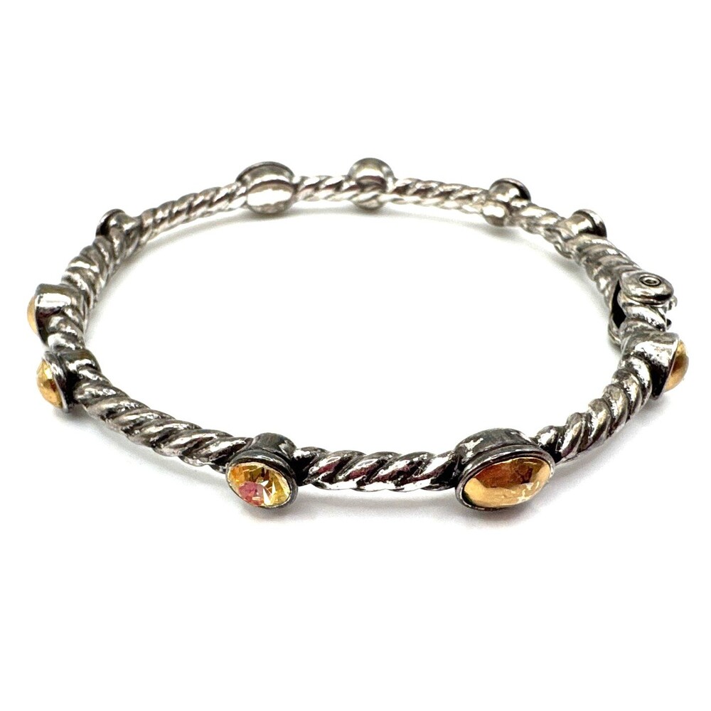 Brighton Monte Carlo Amber Gold Crystals Stones Silver Hinged Bangle Bracelet